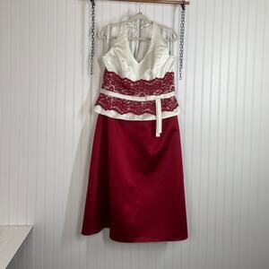 Alfred Angelo White & Red Lace Accent V-Neck Halter Midi Dress Plus Size 16